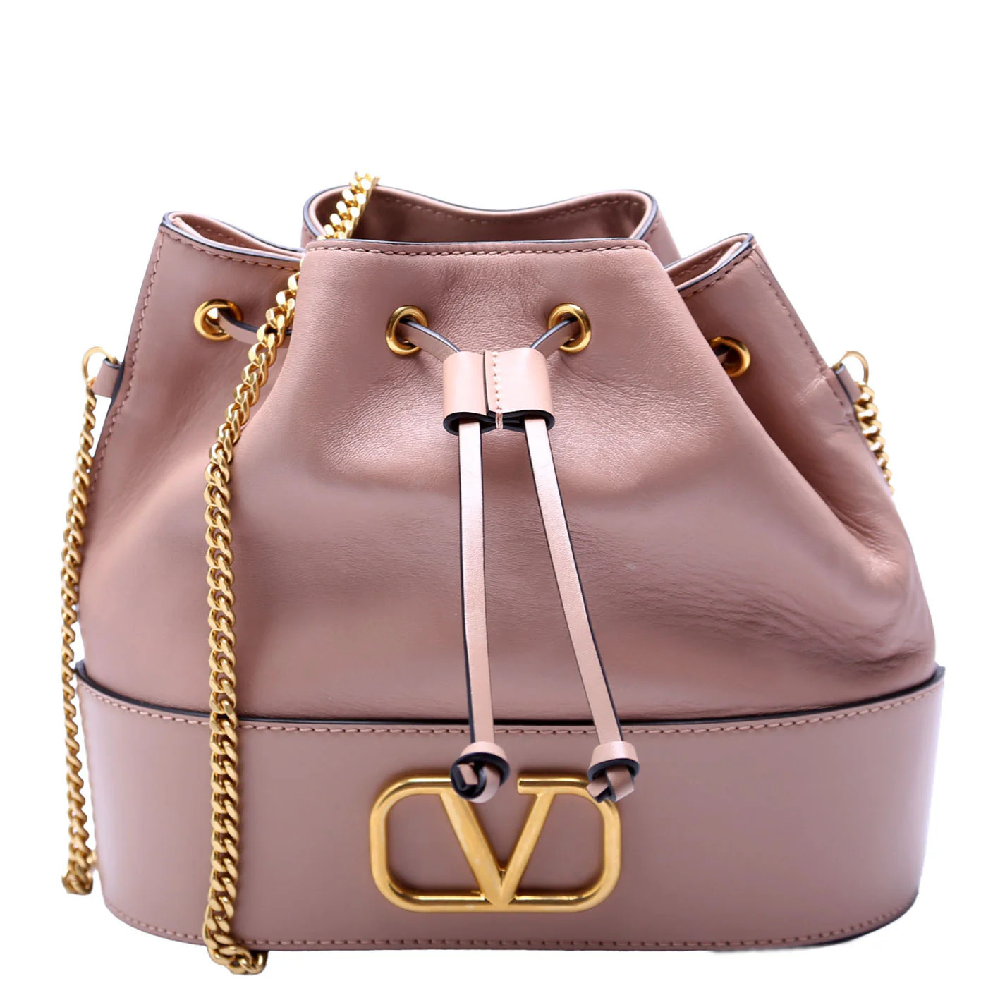 V Logo Mini Bucket Bag Tan | Keeks Designer Handbags