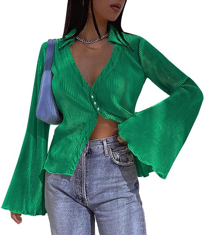Zeagoo Women's Deep V Neck Shirt Button Front Blouse Bell Long Sleeve Tops | Amazon (US)