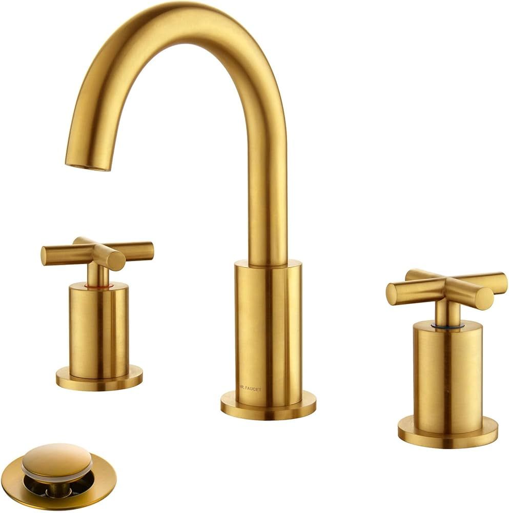 2 Cross-Handle Gold Bathroom Sink Faucets with Waste Drain for 3 Hole 4-16 inch Deck Sink, Brushe... | Amazon (US)