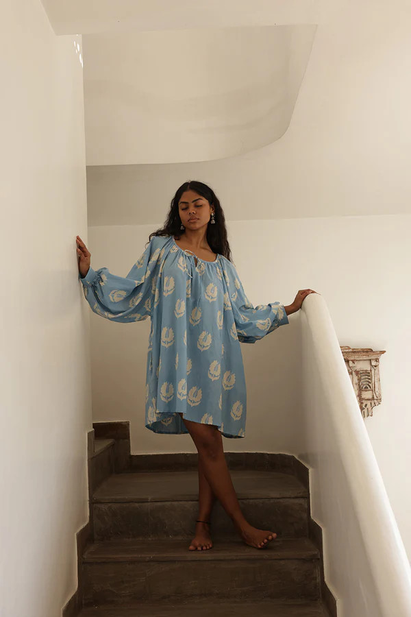 Ria Mini Dress ~ Sky | Artisan Craft, Vintage Character | Daughters of India