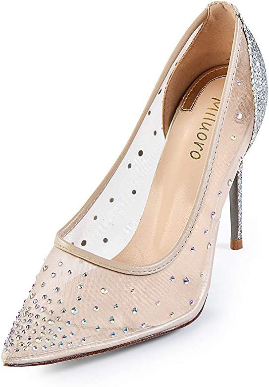 Miluoro Rhinestone Pointed Toe Silver High Heels Women Pumps Transparent Party Wedding Shoes | Amazon (US)