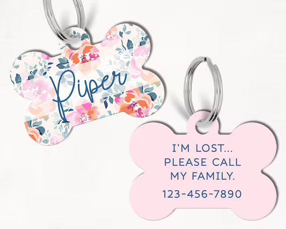 Pastel Floral Personalized Dog Tag, Custom Dog Tag, Double Sided Dog Tag, Floral Dog Tag, Pink Fl... | Etsy (US)