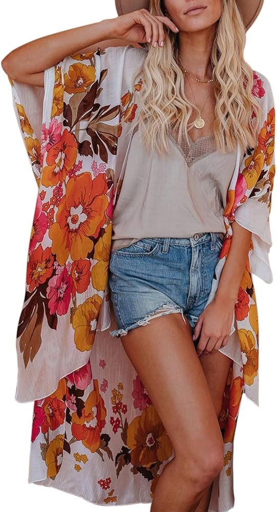 Women's Beach Cover up Swimsuit Kimono with Boho Floral Print Casual Loose Cardigans for Swimwear | Amazon (US)
