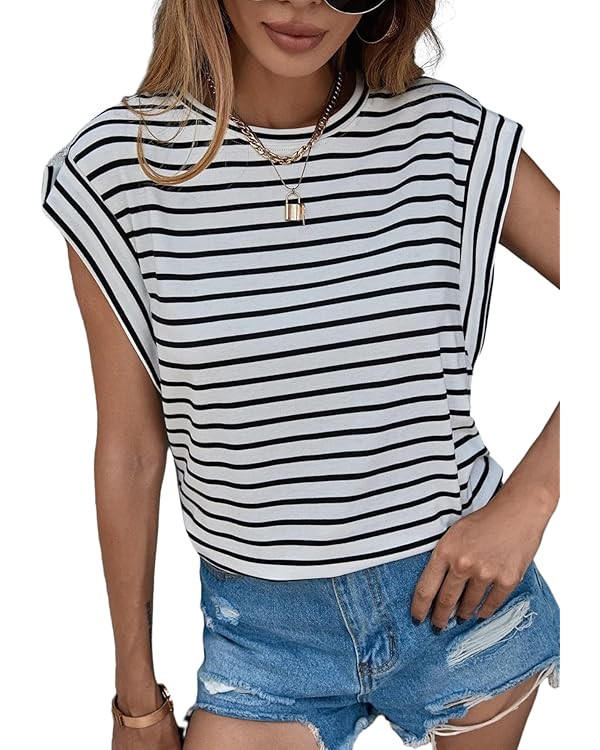 Floerns Women's Casual Stripe Print Cap Sleeve T Shirts Round Neck Tee | Amazon (US)