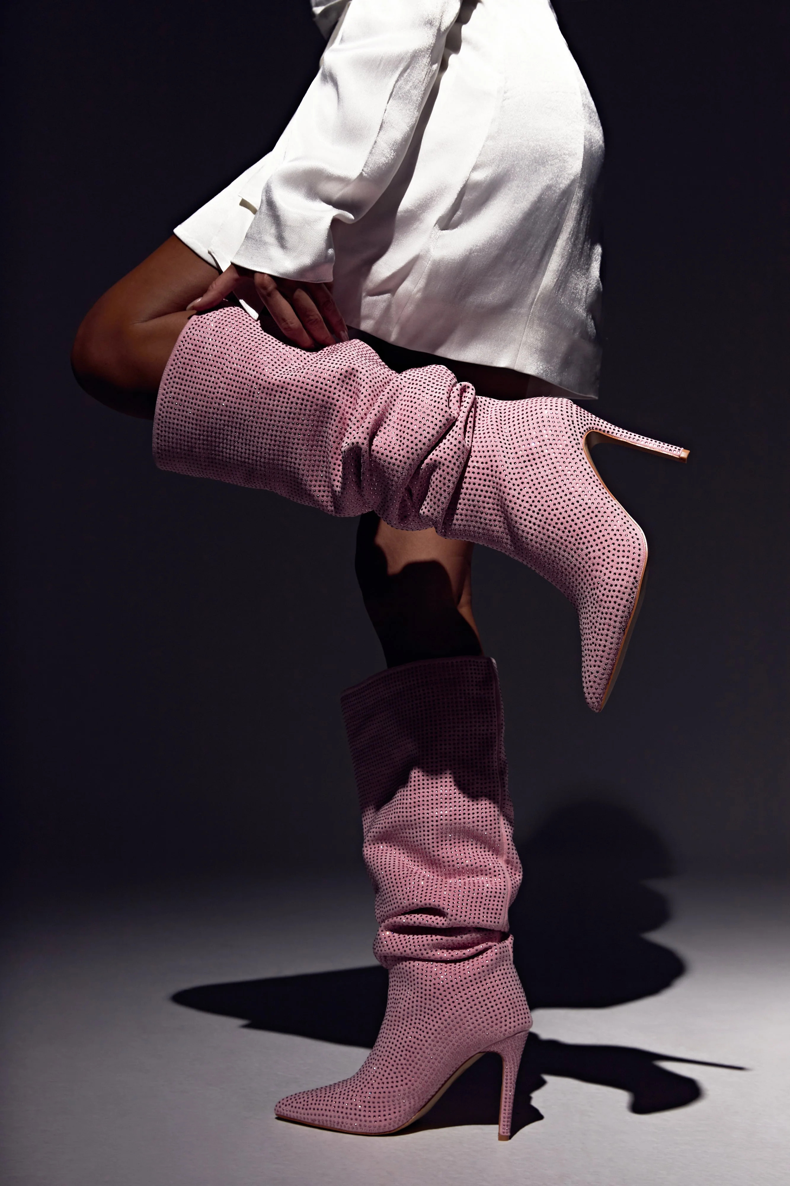 Jenner Diamante High Heel Boot - Blush Pink | MESHKI US