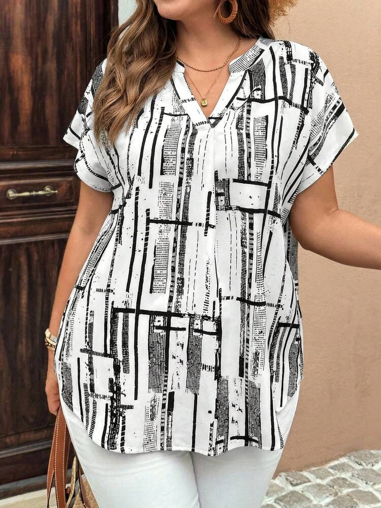 EMERY ROSE Plus Size Colorblock Print Casual Short Sleeve Shirt, Going Out Tops | SHEIN