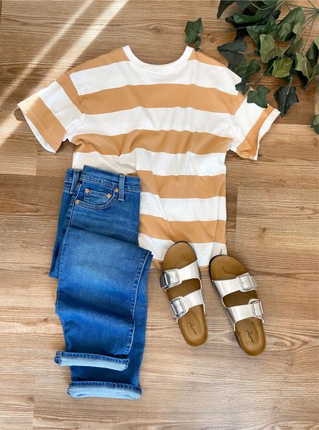 Which shirt would you wear? ➡️

Striped t-shirt outfit for spring
Levi’s straight ankle jeans
Metallic sandals
Double buckle sandals
Versatile staples

#LTKfindsunder100 #LTKSeasonal #LTKshoecrush