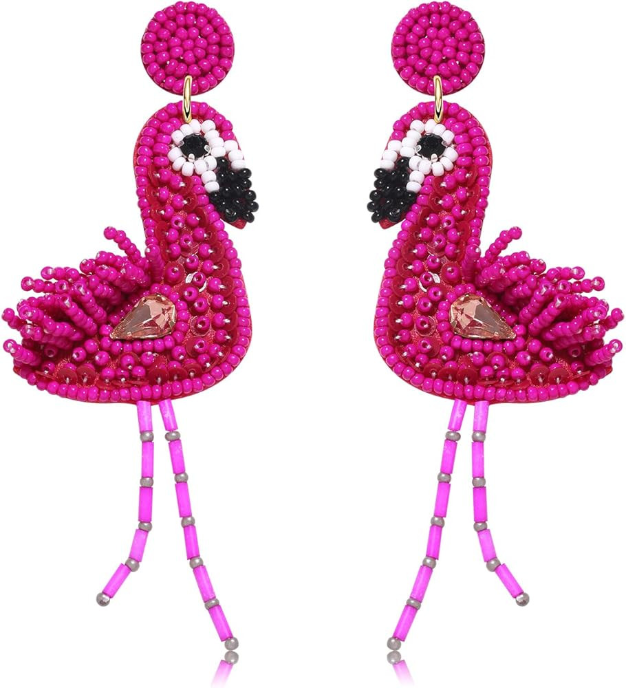 Flamingo Earrings for Women Beaded Tropical Bird Earrings Statement Pink Beads Dangle Earrings Su... | Amazon (US)