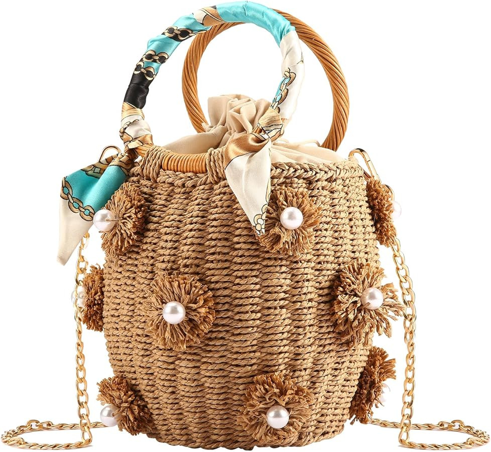 Flower Pearls Rattan Tote Bag Summer Beach Drawstring Straw Bucket Bag Diamonds Woven Handbag | Amazon (US)