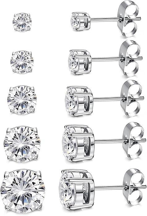 Women's 14K Gold Plated CZ Stud Earrings Simulated Diamond Round Cubic Zirconia Ear Stud Set（5 ... | Amazon (US)