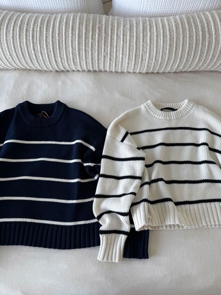 Quince Cotton Striped Sweater versus Jenni Kayne's Chloe sweater. Identical! Mine is more cropped in this photo because it's been washed and dried. I actually do think the Quince one isn't too boxy and short like the Jenni Kayne one. Both brands have this sweater in a few colors. Wearing an xs in both. 