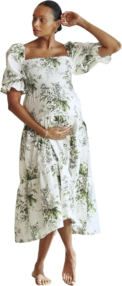 Women’s Cotton Linen Kiko Maternity Dress, Casual Floral Maxi Gown for Baby Shower, Pregnancy, ... | Amazon (US)