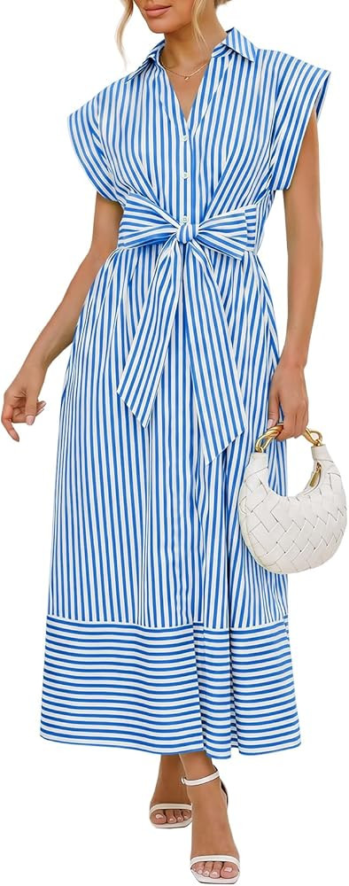 Wenrine Womens Summer Striped Maxi Dresses A Line Cap Sleeve Tie Waist Casual Button Collared Shi... | Amazon (US)
