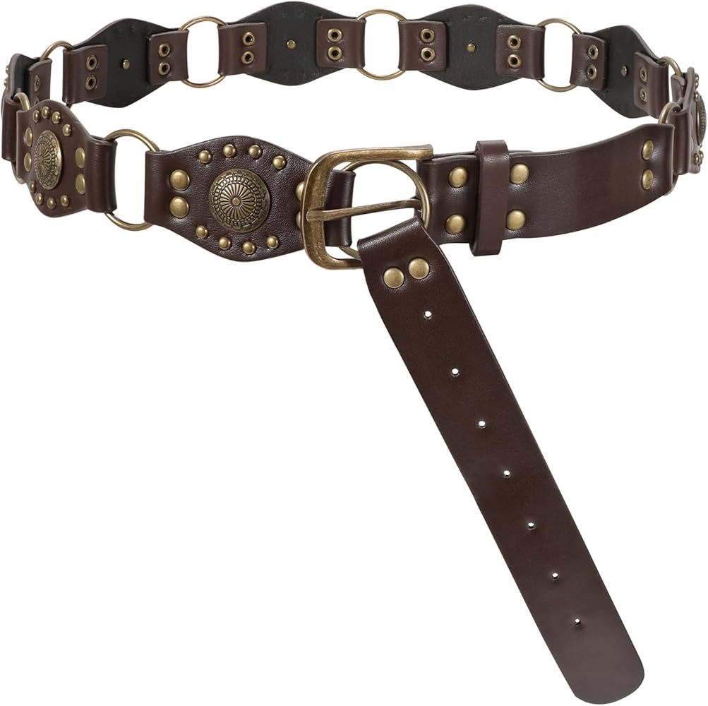 LEACOOLKEY Western Concho Rivet Belt for Women Vintage Leather Belt Western Waist Belt for Skirts... | Amazon (US)