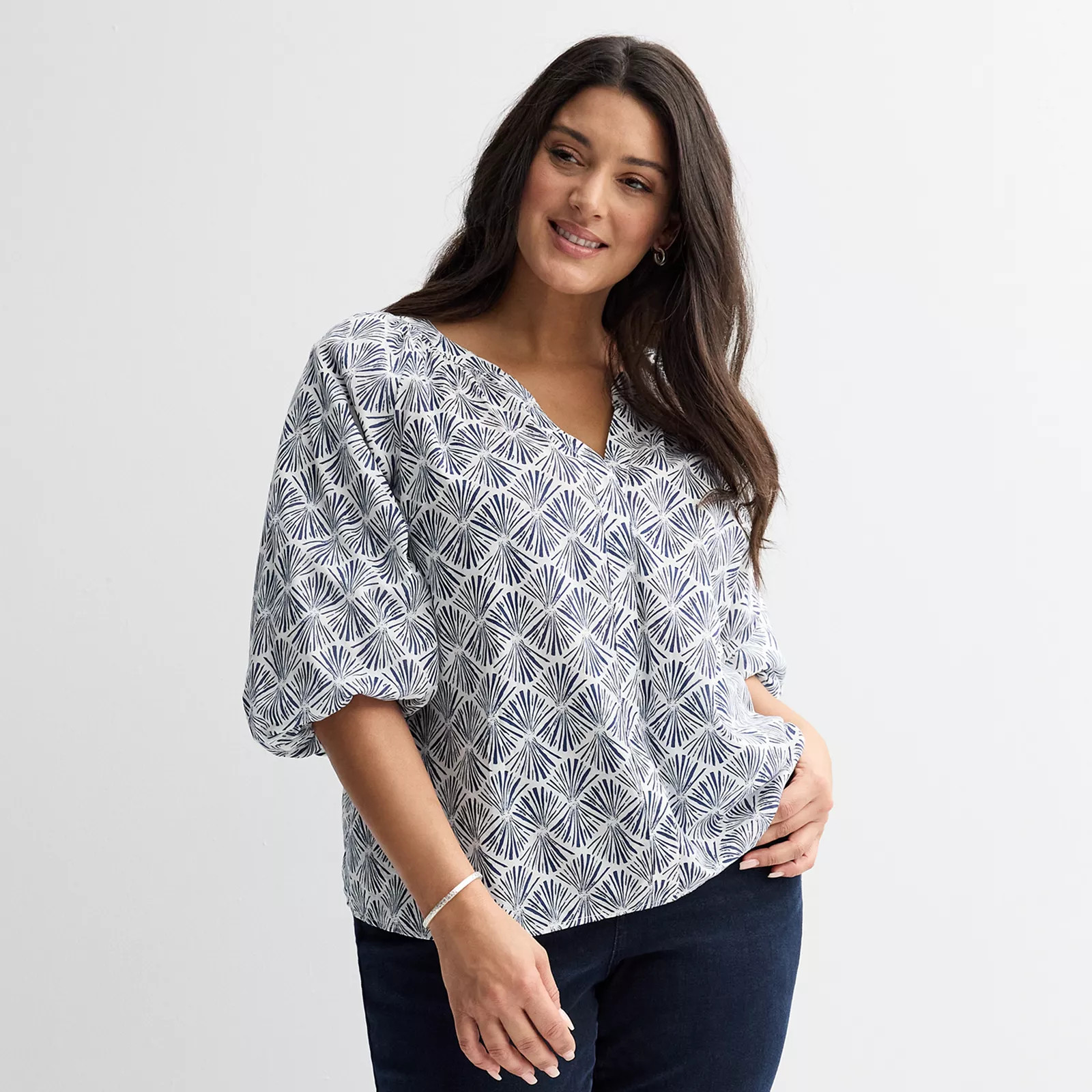 Plus Size Sonoma Goods For Life® Shirred Y-Neck Balloon Sleeve Blouse | Kohl's