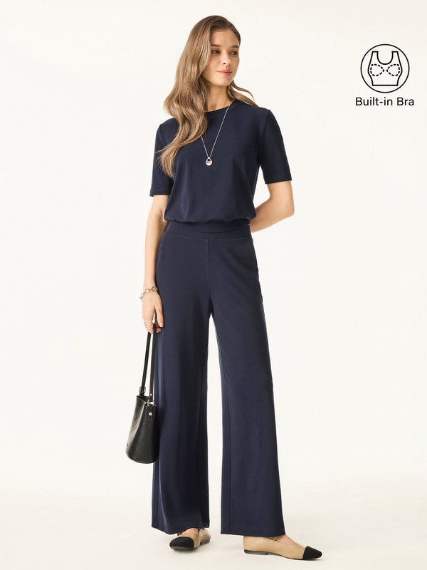 2Pcs Set Petite Wide Leg Pant with Pockets & Crewneck Bra Top | OGLmove