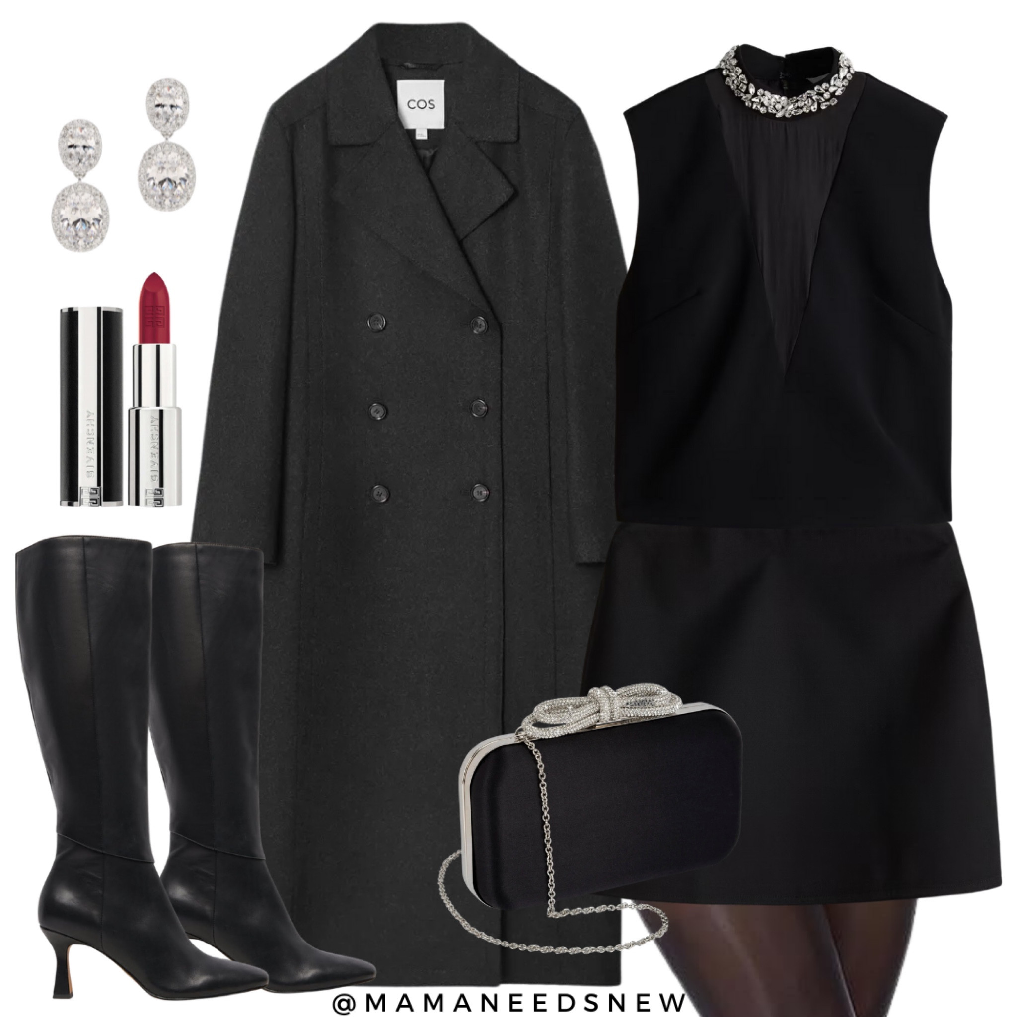 A holiday outfit with a wool coat, rhinestone embellished sleeveless mesh front top, mini skirt, knee high boots & a bow top bag 🖤

#LTKHoliday #LTKSaleAlert #LTKParties