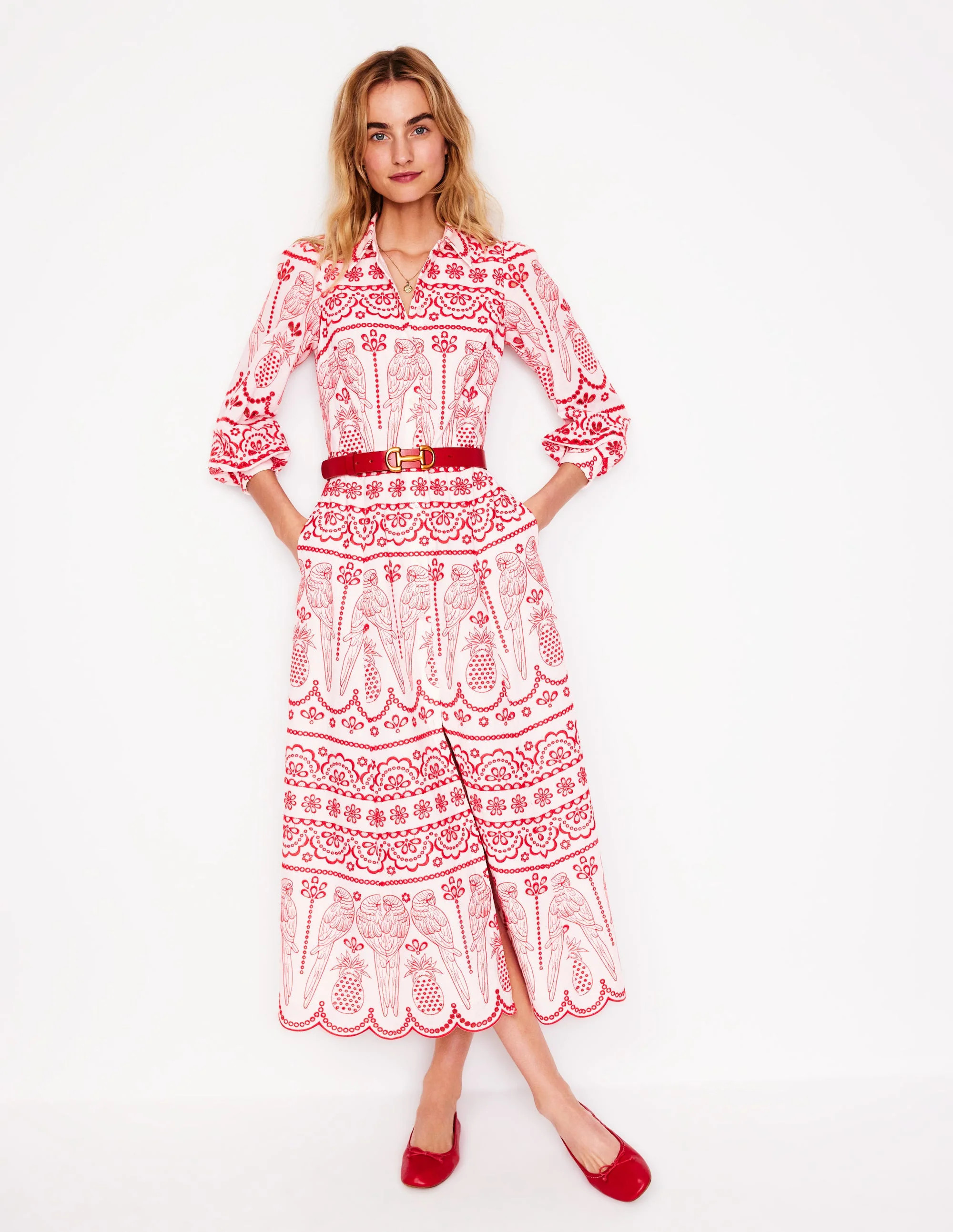 Clara Broderie Shirt Dress-Poppy Red, Parrot Broderie | Boden (US)