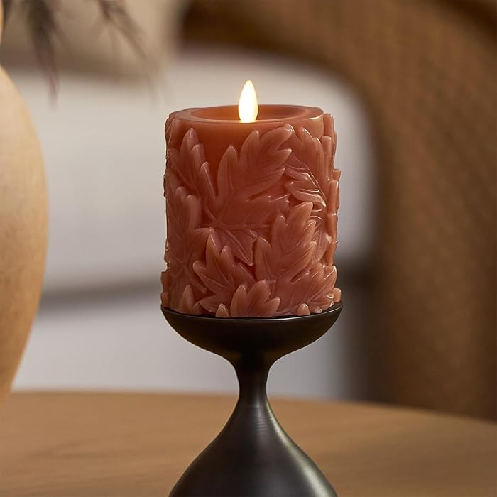 Luminara Embossed Leaves Caramel Café Flameless Pillar Moving Flame LED Candle Real Wax Unscented Battery Operated (3.5" x 4.5") | Amazon (US)