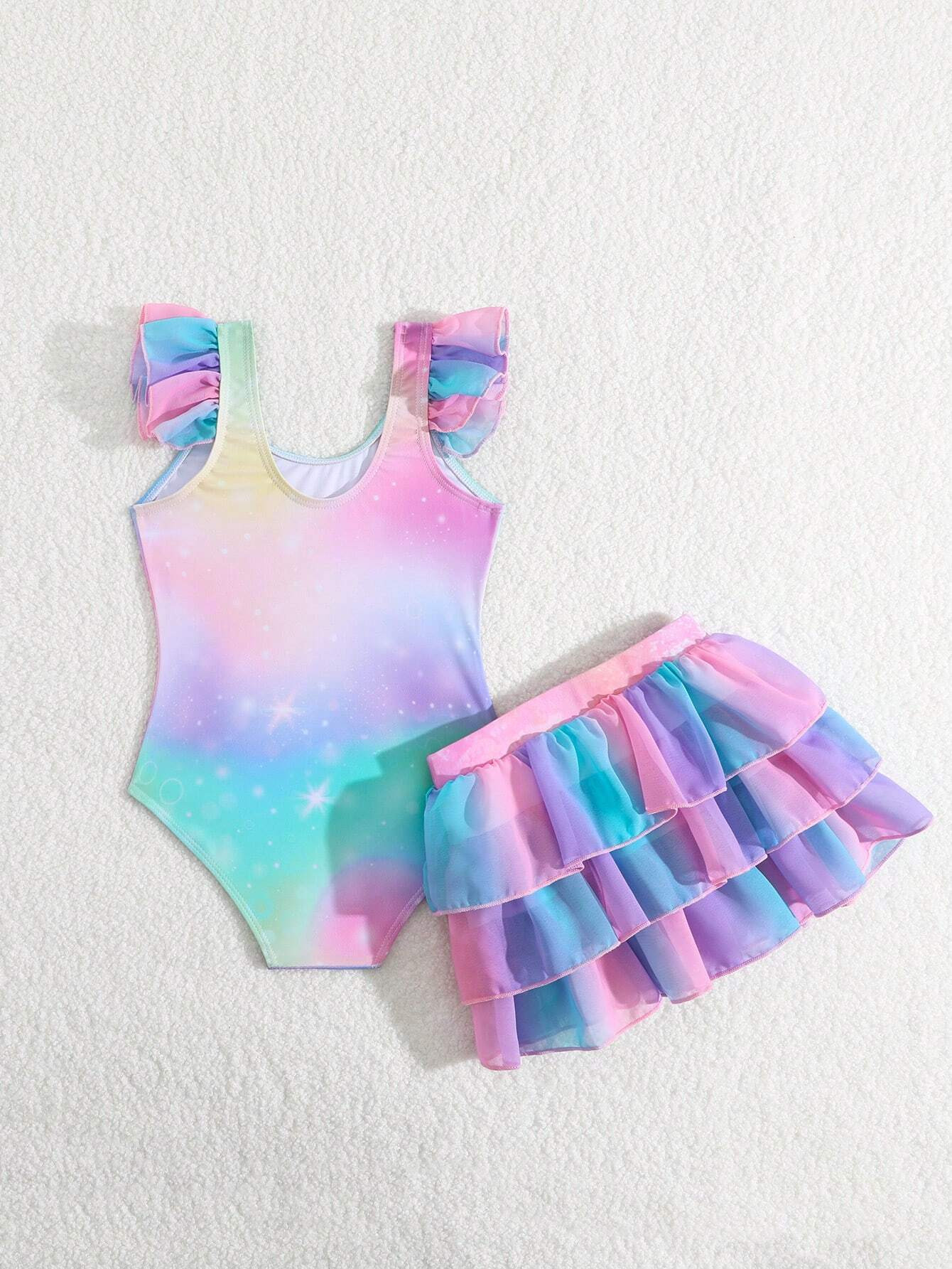 Sparklyn 2pcs Cute Unicorn Cartoon Print Young Girls Swimsuit, Consisting Of Mesh Splicing Ruffle... | SHEIN