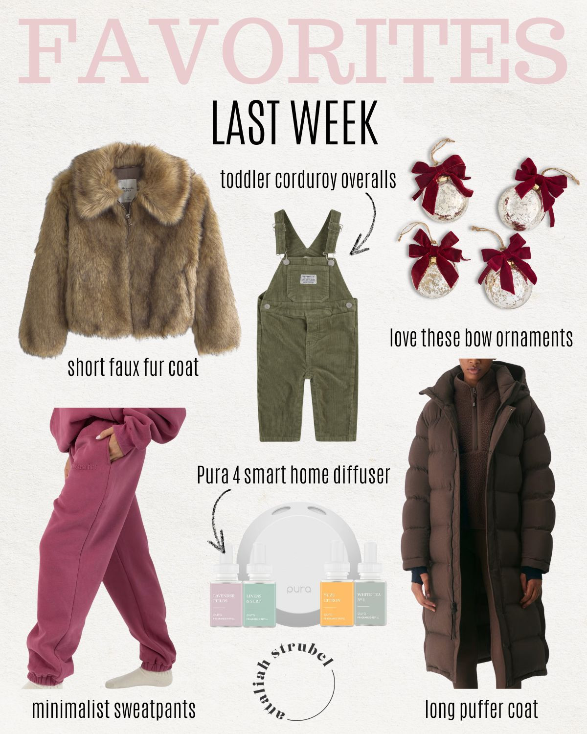 Last week's top sellers! Faux fur coat. Comfrt sweats. Puffer coat. Pura Diffuser. 

 #LTKCyberWeek #LTKGiftGuide