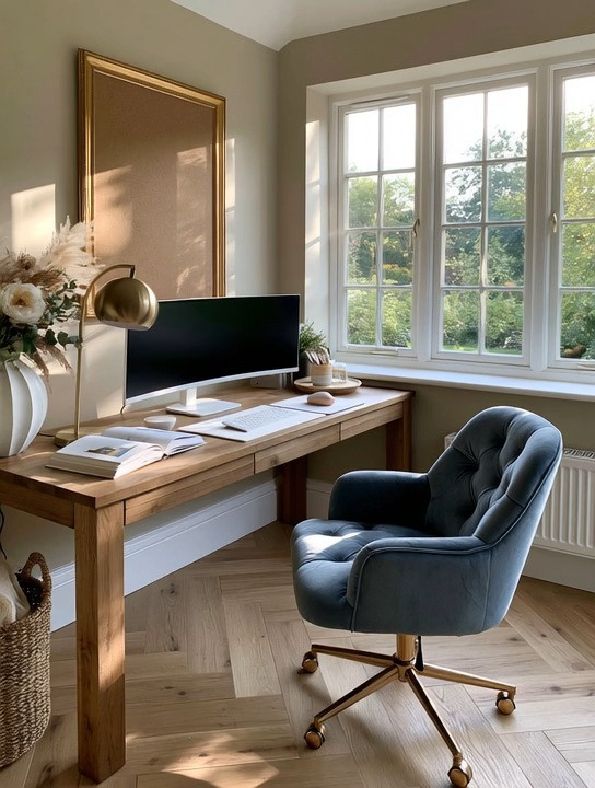 The modern home office has become beautifully simple.

Bulky desks filled with drawers are slowly disappearing.

As more of our work becomes digital, we no longer need oversized filing cabinets or heavy office furniture. What we need is a workspace that feels calm, inspiring, and comfortable enough to spend hours creating.

Start with a simple natural wood desk. Wood brings warmth and grounding energy, making the office feel less like a workspace and more like part of your home.

Pair it with a comfortable velvet office chair. Office chairs no longer need to look corporate. Velvet adds softness, elegance, and everyday comfort.

Finish the space with a gold frame cork board to organize ideas beautifully instead of cluttering your desk, and if you work into the evening, add a sculptural gold table lamp for warm layered lighting.

Everything else is personal. An ultrawide monitor, a few favorite books, greenery, or a meaningful object that inspires your work.

A productive office isn't created by adding more.

It's created by choosing better.

We've linked our favorite desks, velvet office chairs, cork boards, and lighting to help you recreate the look.

Elegance is about taste, not about square footage.

#HomeOffice #WorkFromHome #OfficeDecor #LTKHome 

 #LTKHome #LTKMens