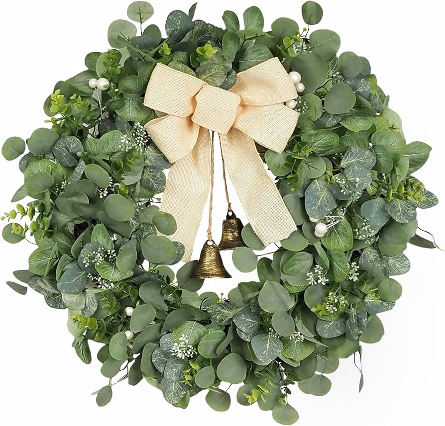 28" Large Eucalyptus Wreath with Vintage Bells Burlap Bow for Front Door, Modern Farmhouse Decor ... | Amazon (US)