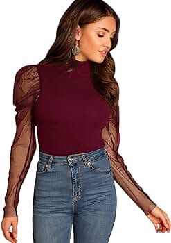 Romwe Women's Mesh Puff Sleeve High Neck Slim Fit Party Blouse Top | Amazon (US)