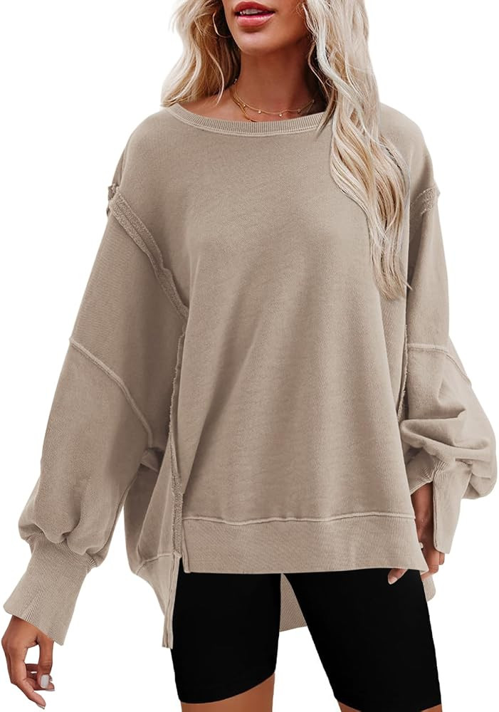 Nirovien Womens Oversized Crewneck Sweatshirt Side Slit Long Sleeve Pullover Slouchy Fit Tops | Amazon (US)