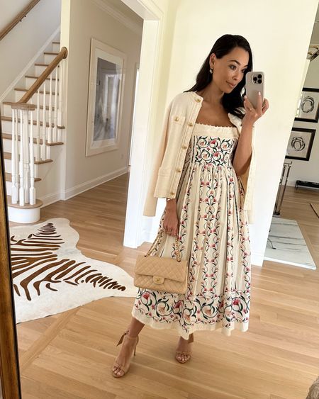 Kat Jamieson wears an Agua Bendita dress and cardigan with a Chanel bag. Alexandre Birman sandals, spring outfit, midi dress, floral dress. 

#LTKItBag #LTKParties #LTKSeasonal