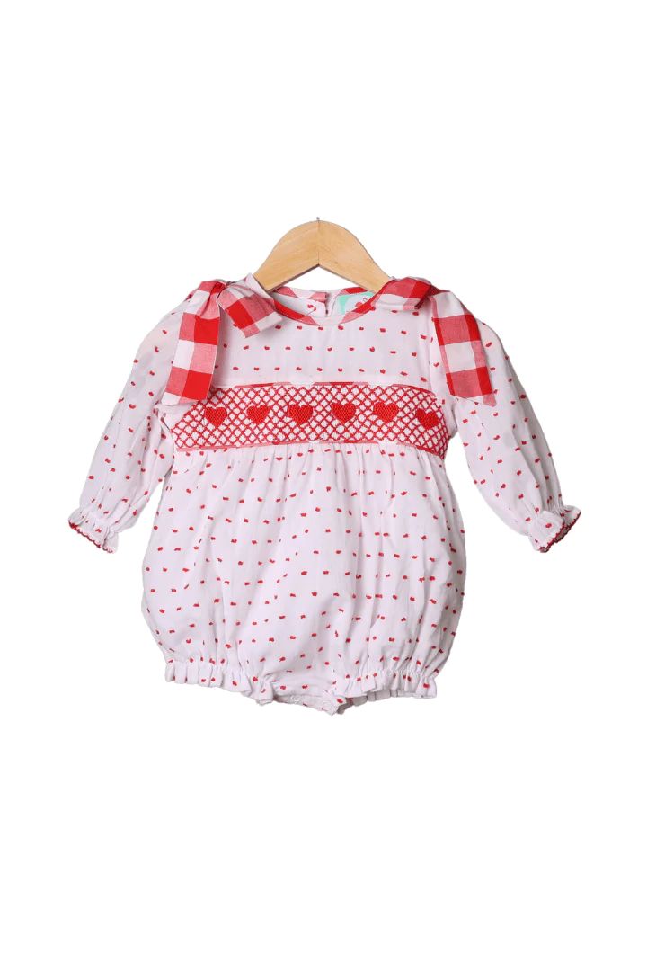 Smocked Heart Swiss Dot Red Gingham Bow Bubble | The Smocked Flamingo