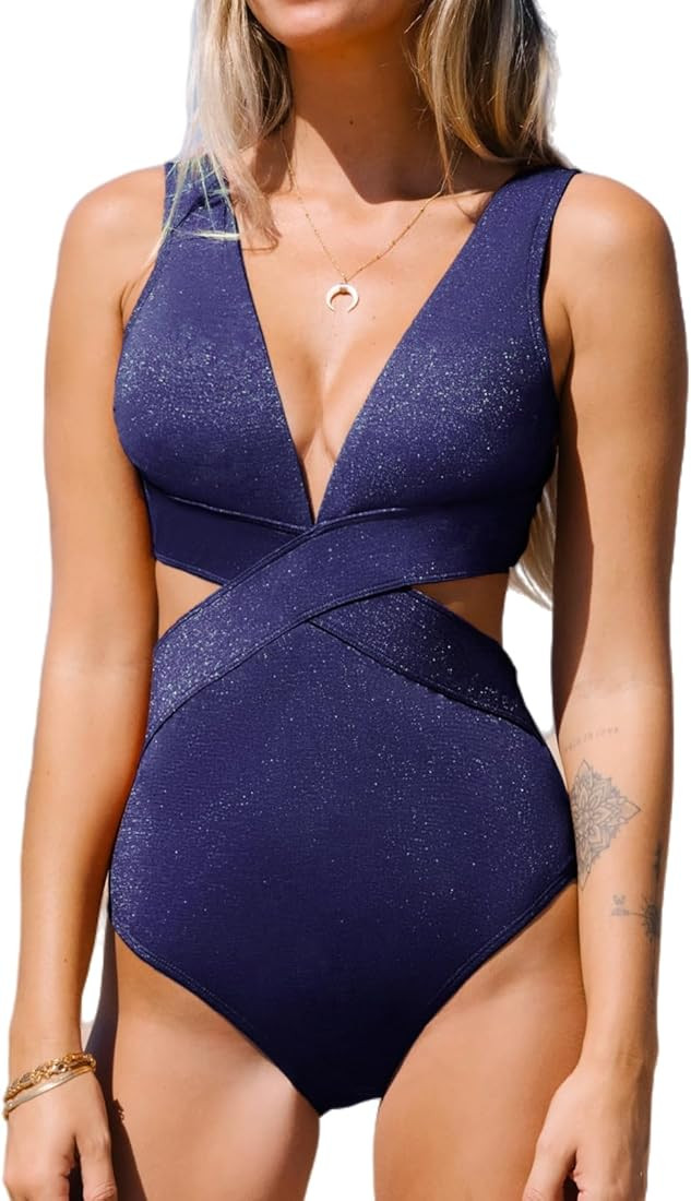 CUPSHE One Piece Swimsuit for Women Bathing Suit V Neck Cutout Sexy Swimwear Wide Straps Back Hoo... | Amazon (US)