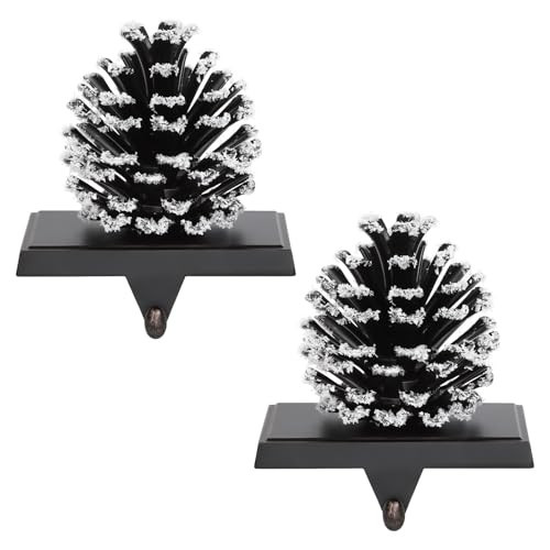 2 Pack Pine Cone Christmas Stocking Holder with Snowflake, 3D Brown Metal Mantel Stocking Hangers for Christmas Fireplace Mantel Decorations Christmas Holiday Supplies | Amazon (US)