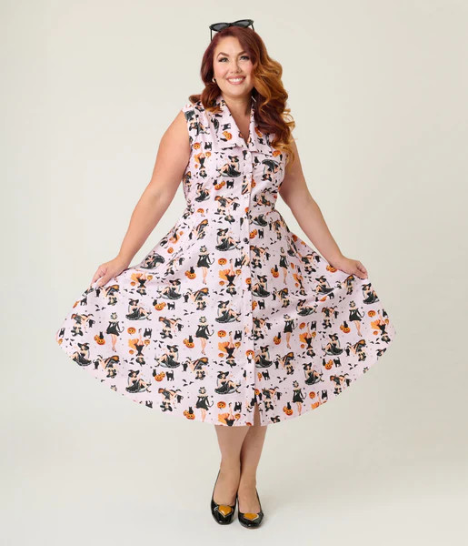 Unique Vintage Plus Size Purple Pin-Up Witch Cotton Shirt Dress | UniqueVintage
