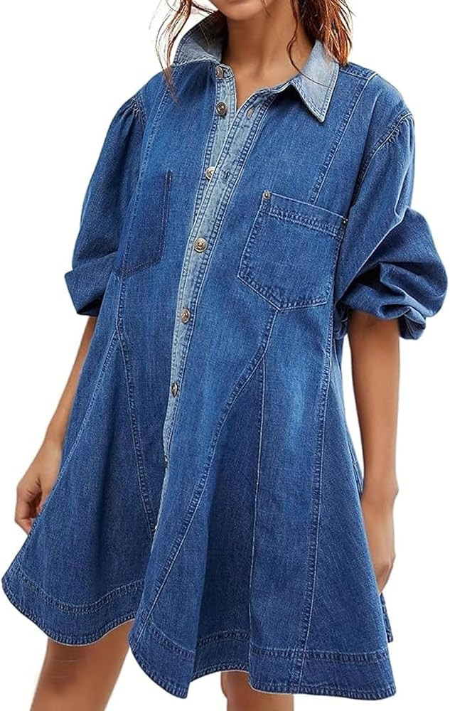 loveimgs Women Casual Distressed Denim Shirt Dress Button Down Ruffle A Line Dress Knee Length Co... | Amazon (US)