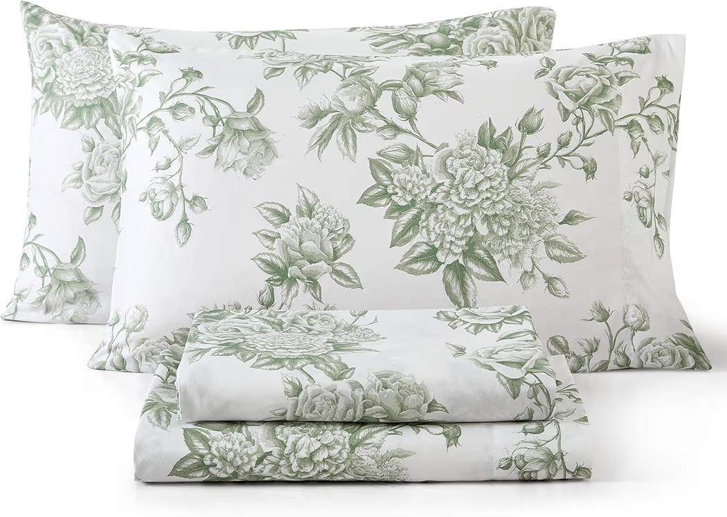 HLC.ME Rose Toile Floral Bed Sheets - 4 Piece Bed Sheet Set - Wrinkle Resistant & Ultra Soft - Fi... | Amazon (US)