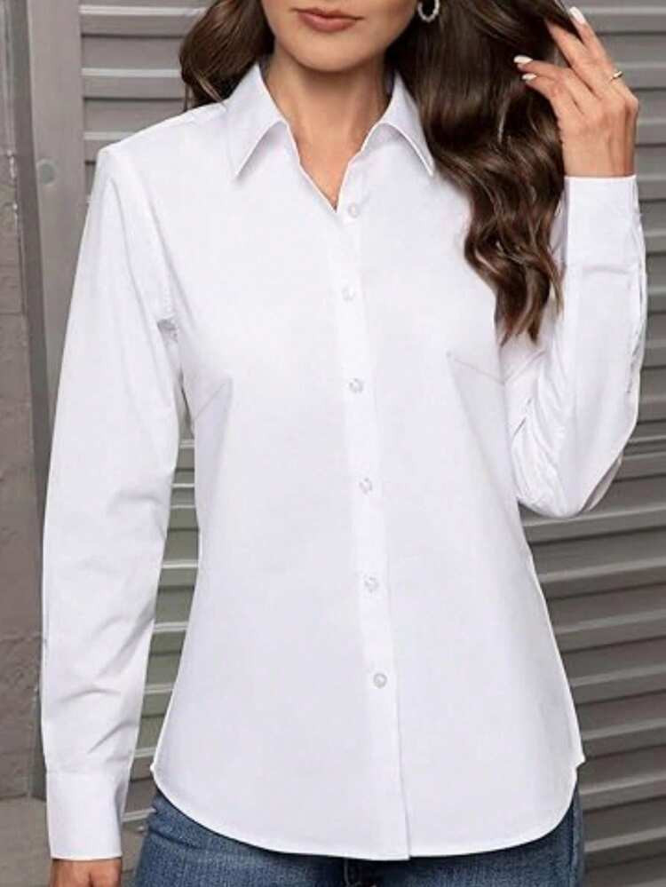 Plus Size Solid Front Button Casual Long Sleeve Shirt | SHEIN