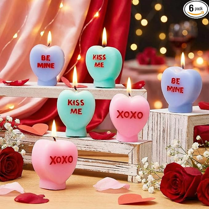 MTLEE 6 Pcs Valentine's Day Heart Candles Gifts Conversation Heart Decor Xoxo Be Mine Kiss Me Lov... | Amazon (US)