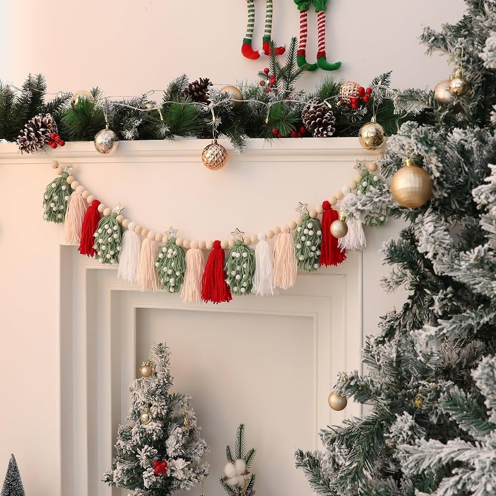 Christmas Tassel Garland Banner Wood Bead Red Green Pink Xmas Tree Holiday Wall Hanging Home Deco... | Amazon (US)