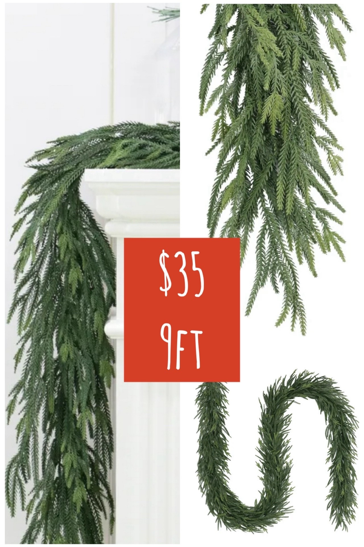 This is the garland that makes your whole house feel like a cozy Christmas movie 🎄✨ The soft Norfolk branches drape so naturally — no stiffness, no plastic shine… just that effortless, woodland, fresh-cut greenery look. It’s 9 ft long so it’s perfect for mantels, stair rails, door frames, or layered with lights for that warm twinkle moment 🤍

Tip: Use two for extra fullness on a fireplace, and let the ends cascade for that storybook look. Add ribbon, stockings, bells, or leave it simple and minimal — it’s beautiful either way 🌲

🌿 Natural soft-touch feel (so realistic)
🎀 Drapes beautifully — doesn’t stick straight out
🏡 Looks high-end but only $35 (!!)
🌲 Perfect for that classic, cozy Christmas lodge vibe

⸻

holiday greenery • norfolk pine garland • drapey garland aesthetic • cozy christmas decor • classic holiday mantle • cottage christmas • simple greenery • affordable holiday decor • walmart home finds • timeless christmas styling • warm minimal holiday vibes • winter greenery magic ✨🌲

#LTKHome #LTKHoliday #LTKFindsUnder50