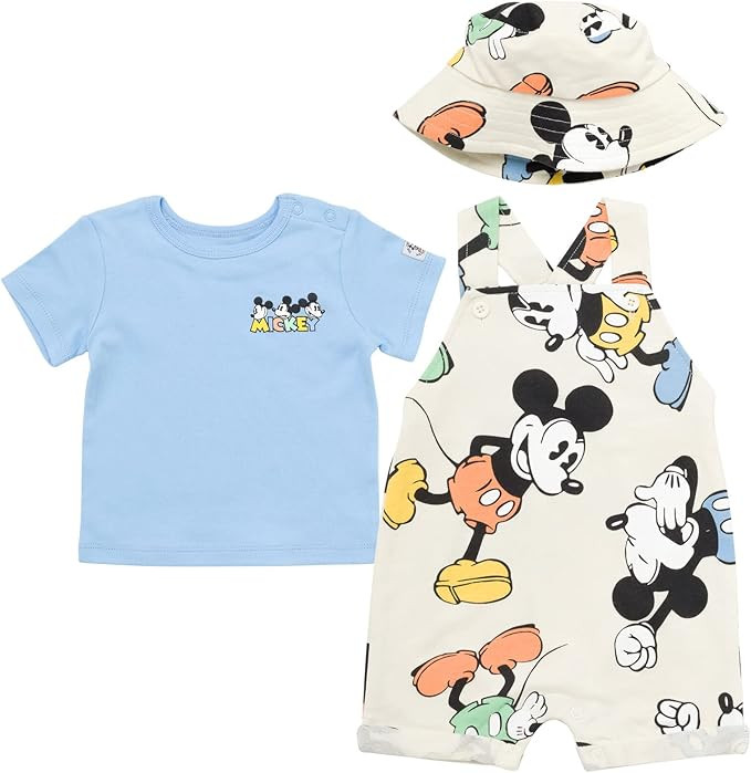 Disney Junior Baby French Terry Short Overalls, T-Shirt and Hat 3 Piece Outfit Set Newborn to Inf... | Amazon (US)