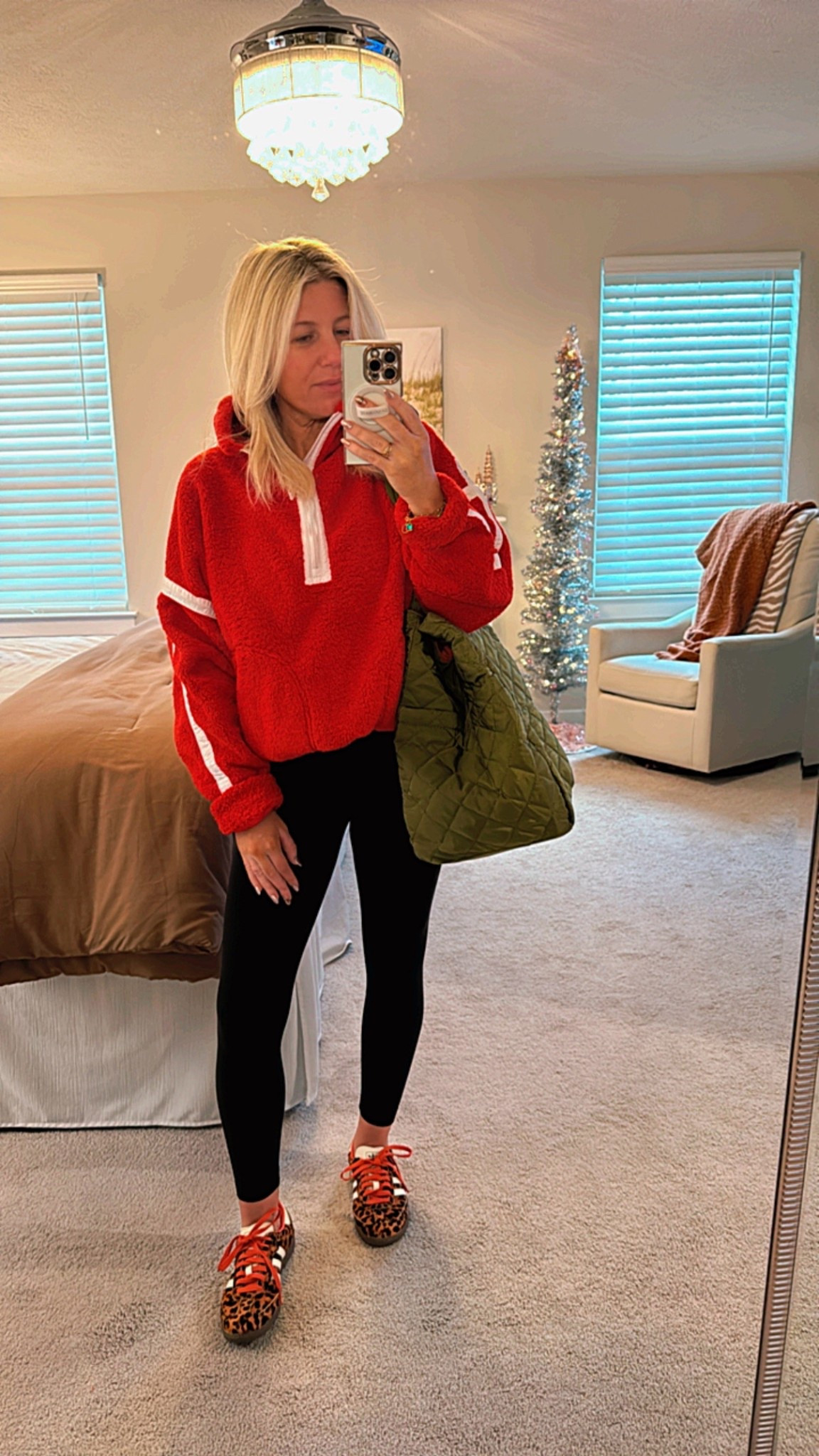 Festive AF but cute and comfy AF 

adidas OG sambas: size 6
Lululemon align: size 2
Half zip: size small (could have gotten an xs) 
K.carroll riva reversible nylon tote in olive/rust

#LTKHoliday #LTKootd #LTKmomlife