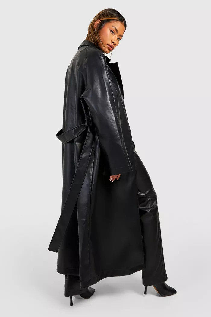 Oversized Faux Leather Belted Trench Coat | boohoo (US & Canada)