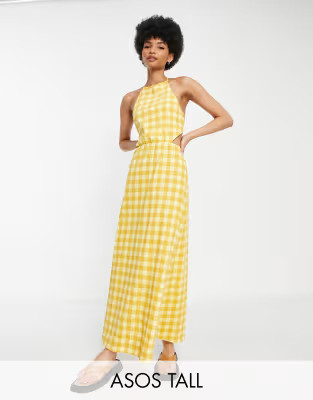 ASOS DESIGN Tall halter maxi dress with open back in yellow gingham | ASOS (Global)