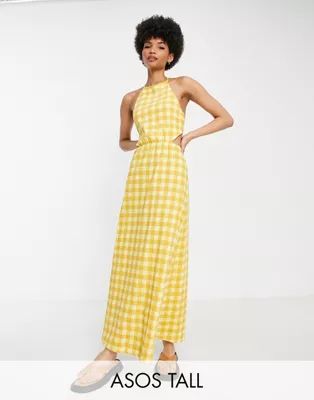 ASOS DESIGN Tall halter maxi dress with open back in yellow gingham | ASOS (Global)