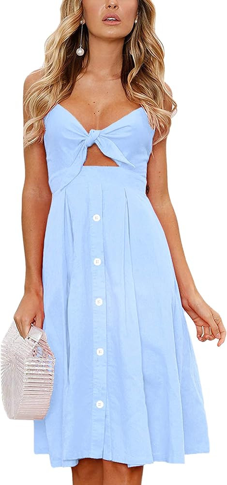 ECOWISH Women 2025 Summer Dresses Tie Front V-Neck Spaghetti Strap Button Down A-Line Backless Sw... | Amazon (US)