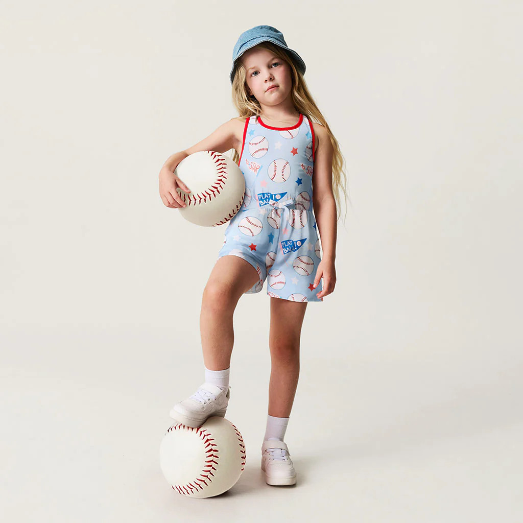 Baseball Blue Daywear Play Ball Criss-Cross Back Romper | Posh Peanut® | Posh Peanut