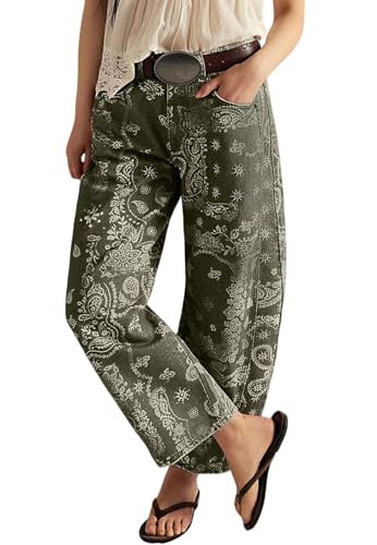 loveimgs Women Boyfriend Baggy Barrel Jeans Floral Print Denim Ankle Pants Wide Leg Mid Rise Jeans Sweatpants Y2k Patchwork (Small,Green) | Amazon (US)