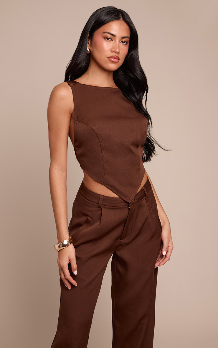 Chocolate Woven Open Back Top | Co-ords | PrettyLittleThing US