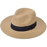 Lanzom Women Wide Brim Straw Panama Roll up Hat Fedora Beach Sun Hat UPF50+ | Amazon (US)